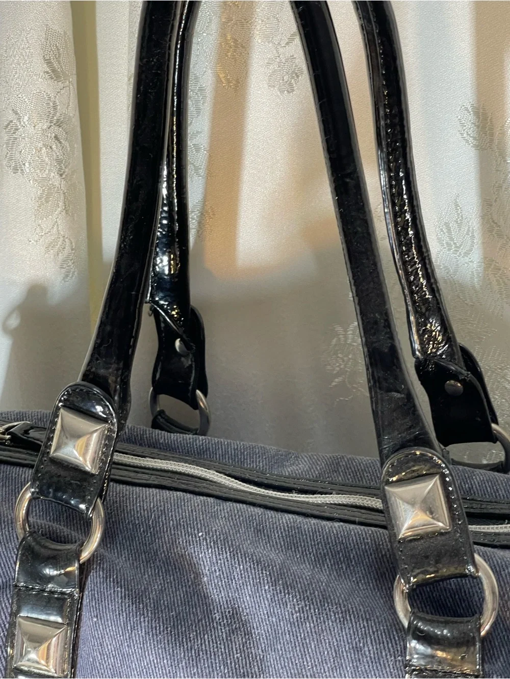 BetseyJohnson Studded Denim Barrel Bag with Patent Trim